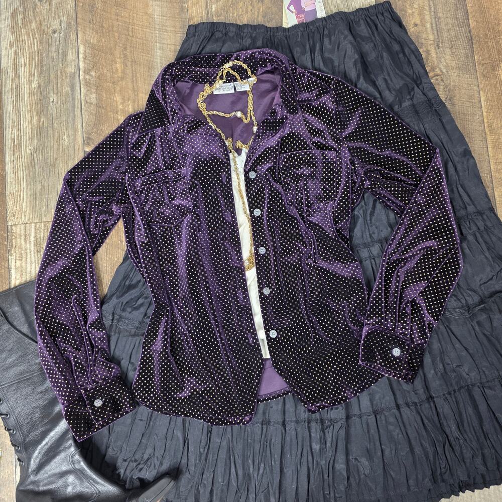 Vintage Purple Velvet Gold Polka Dot Button Up Shirt Y2K Whimsigoth Gothic SZ 16